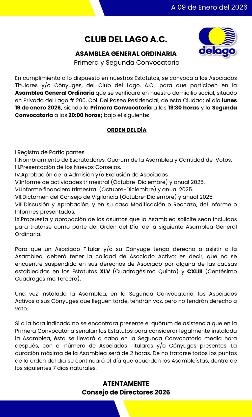 Comunicado Asamblea General Ordinaria 9 Enero